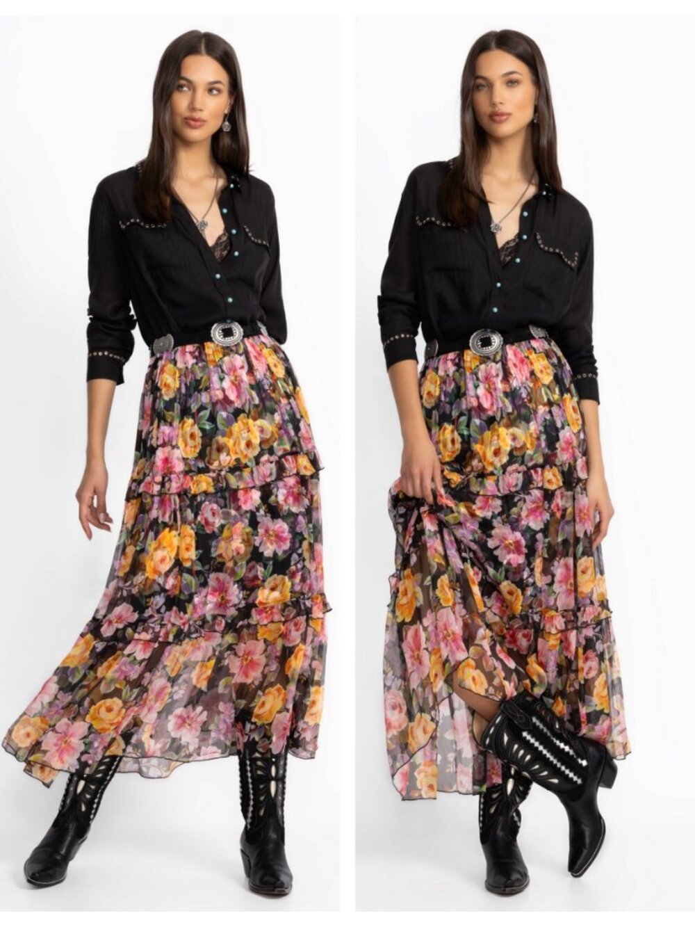 Johnny Was Terra Floral Tiered Silk Chiffon Maxi Skirt